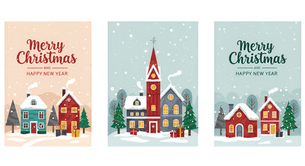 Illustration Pixel Art Merry Christmas Snowy Village Greeting Card Design