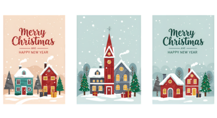 Illustration Pixel Art Merry Christmas Snowy Village Greeting Card Design