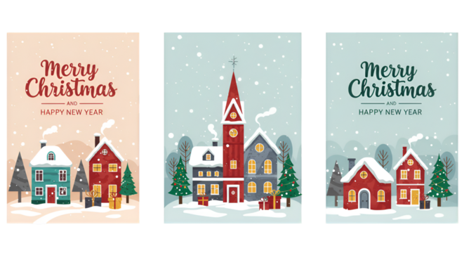 Illustration Pixel Art Merry Christmas Snowy Village Greeting Card Design