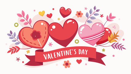 Romantic valentine s day hearts and flowers illustration with festive ribbon