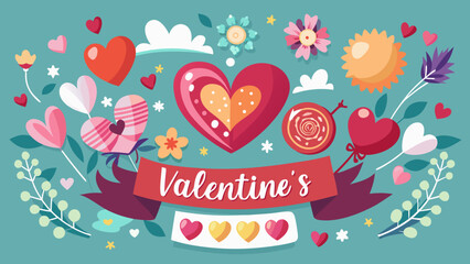 Whimsical valentine s day illustration with hearts flowers and a festive banner