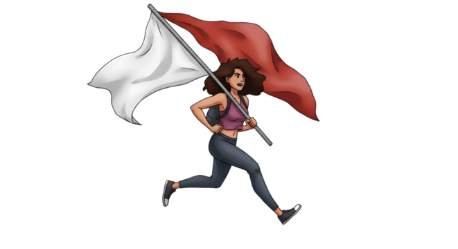 Illustration of Woman Running with Red and White Flag with Pixel Art