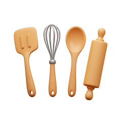 Illustration of Wooden Kitchen Utensils Spatula Whisk Spoon and Rolling Pin