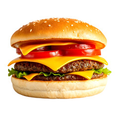 A classic beef cheeseburger with fresh lettuce, tomato, onion, and a toasted bun, perfect for a fast food lunch or unhealthy snack, isolated on white.transparent background