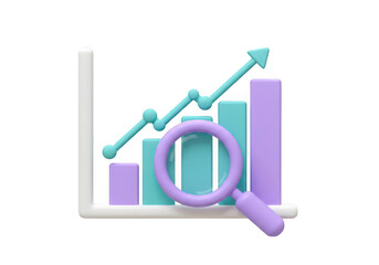 3d business growth chart with magnifying glass isolated on transparent background