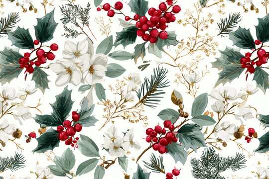 Seamless Pattern &ndash; Elegant Christmas Florals with Mistletoe, Holly, Pine Needles, and Berries in Deep Greens, Reds, and Gold on Crisp White for Refined Holiday Fabric Designs 