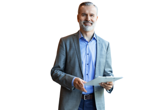 Smiling handsome businessman manager standing with documents on a transparent background