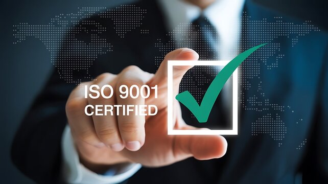 Business professional confirms iso 9001 certification with a digital checkmark
