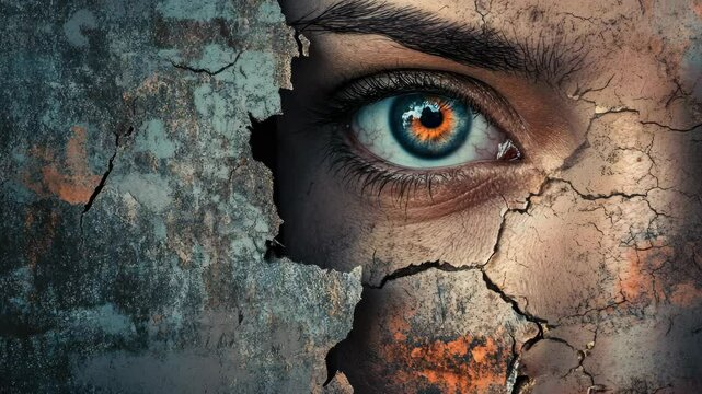 Eye of a person peeking through a cracked and textured background symbolizing introspection or searching deeper within oneself.