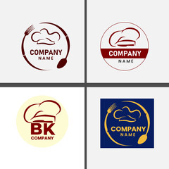 Company logo with a chef hat, bold text, and a circular frame made of a fork and spoon in maroon color, symbolizing baking, cooking, and a warm, professional kitchen feel."