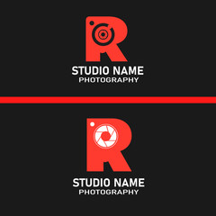 Photography Studio logo with a bold red "R," featuring a camera lens graphic inside. Strong contrast with black background, symbolizing modern, creative photography services.