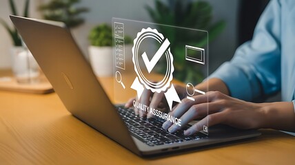 Person using laptop with quality assurance icons and checklist displayed digitally