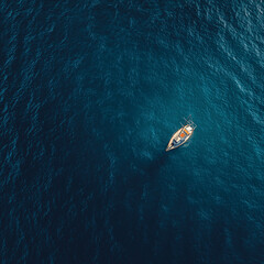 Fototapeta premium Bird’s eye view of a small sailboat in the middle of deep blue sea