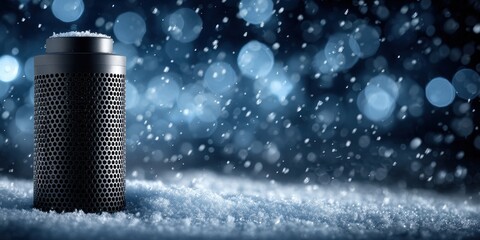 Smart speaker in a snowy scene, creating a winter atmosphere