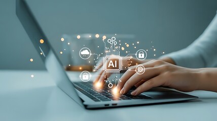 Person typing on a laptop with ai technology and digital icons overlayed