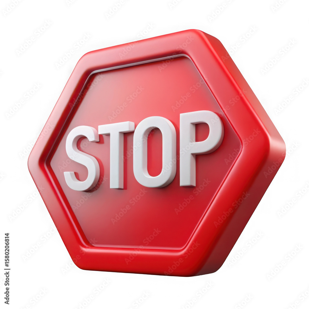 Poster red hexagonal stop sign with white text isolated on transparent background
