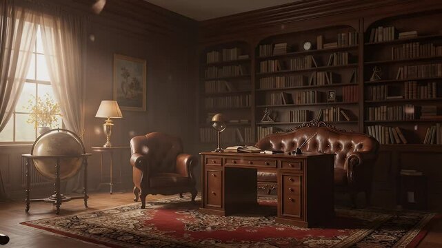Warmly Lit Wood Paneled Library with Vintage Desk Bookshelves and Globe Subtle Movement
