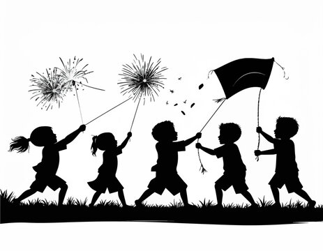 black silhouettes kids playing with fireworks and kite clip art preview