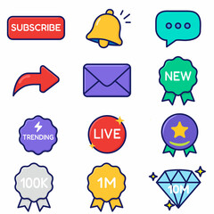 Colorful vector icon set for YouTube creators. Includes subscribe, like, bell, comment, share, live...