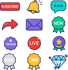 Colorful vector icon set for YouTube creators. Includes subscribe, like, bell, comment, share, live stream, trending, and milestone badges (100K, 1M, 10M). Perfect for social media and video thumbnail