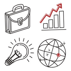 Business icons including briefcase growth chart light bulb and globe