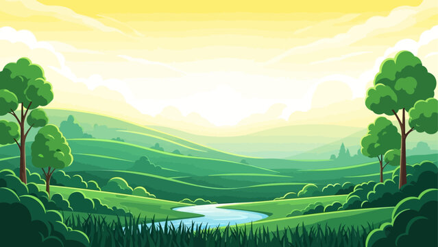 A serene, cartoon landscape at sunrise, with rolling hills, a meandering river, and lush greenery.