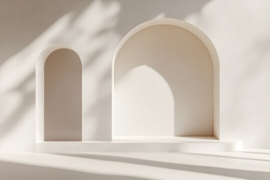 A white building with two arched openings, one of which is a window. Modern interior mockup with blank wall and doorway in minimalistic design.