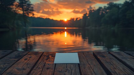Tranquil sunset over a peaceful lake with a blank wooden dock inviting contemplation