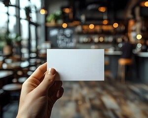 Blank white gift card held in hand against farewell whiteboard