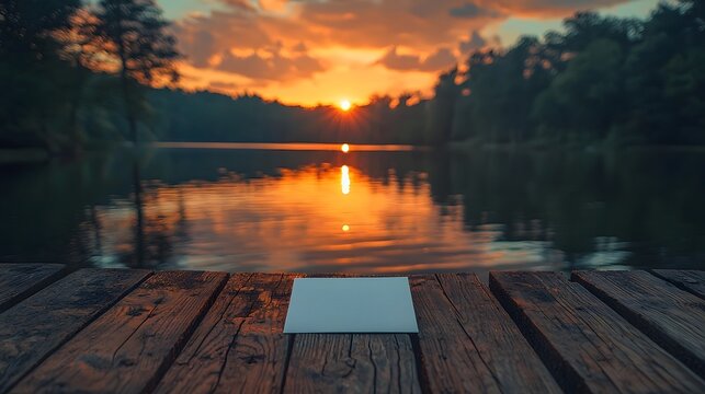 Tranquil sunset over a peaceful lake with a blank wooden dock inviting contemplation