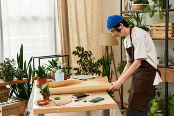 Young man cultivates plants in a bright studio during a sunny afternoon