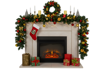 Illustration of Christmas Fireplace with Garland Wreath Stocking Present and Festive Decoration