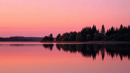 Obraz premium Pink sunset reflecting on a serene lake, creating a beautiful and peaceful landscape.