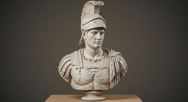 White marble bust of a classical male figure in ornate armor and crested helmet on a wooden table - Powered by Adobe