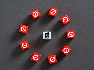 Red cubes with forbidden symbol surrounding passport, closed borders concept