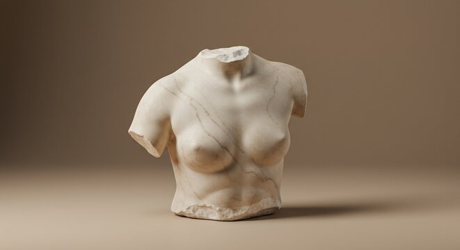 White marble female torso statue with veining broken at neck and limbs on a warm brown background