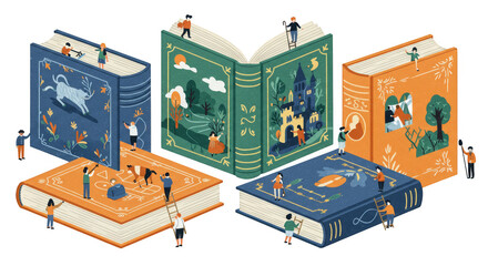 Illustration People Reading Tiny Books Story Literature Transparent