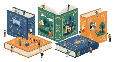 Illustration People Reading Tiny Books Story Literature Transparent