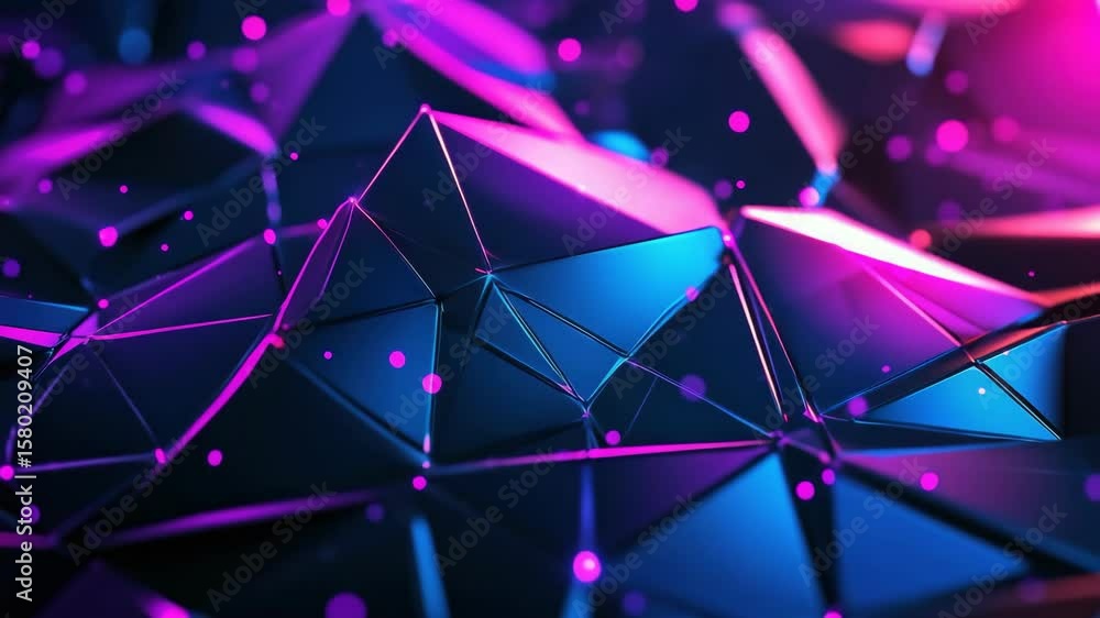 Poster a blue and purple background with a lot of triangles. the triangles are in different sizes and are s