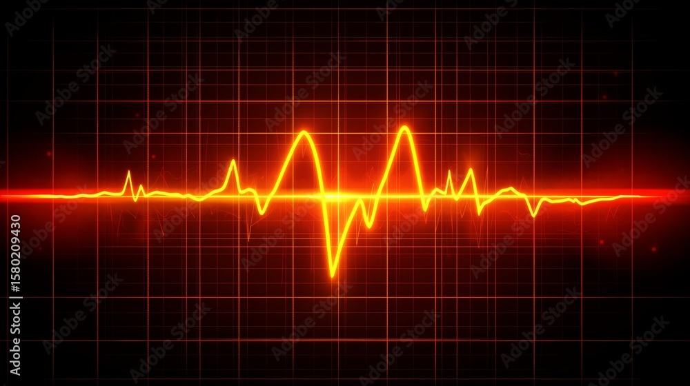 Poster heartbeat rhythm simulation on dark grid with bright pulse line and oscillating vector waves effect