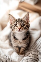 Obraz premium Cute Tabby Kitten Sitting on Soft Surface with White Stripes, Innocent Charm and Direct Gaze