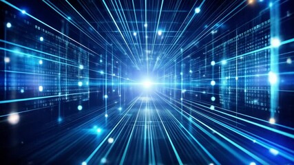 Digital Data Stream: Abstract blue light tunnel background with binary code blocks - Powered by Adobe