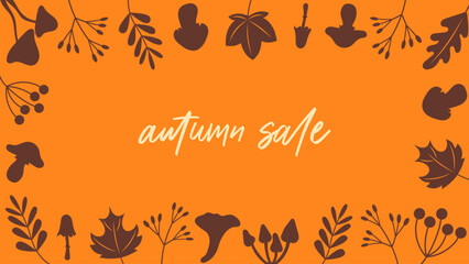 Autumn Sale Banner with Fall Leaves and Mushrooms. Seasonal Promotional Template on Orange Background for Marketing, Discount, Thanksgiving, and Seasonal Advertising Campaigns