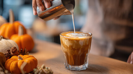 The barista expertly pours milk, crafting a pumpkin spice latte in a glass for a warm autumn treat.