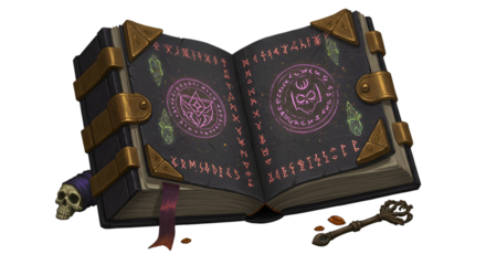 Illustration Pixel Art Spellbook with Key and Skull in Dark Theme