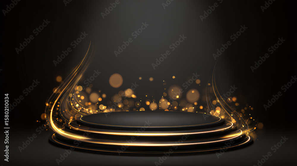Poster empty black display stand with golden curves decorated with golden glow effect and bokeh on dark bac