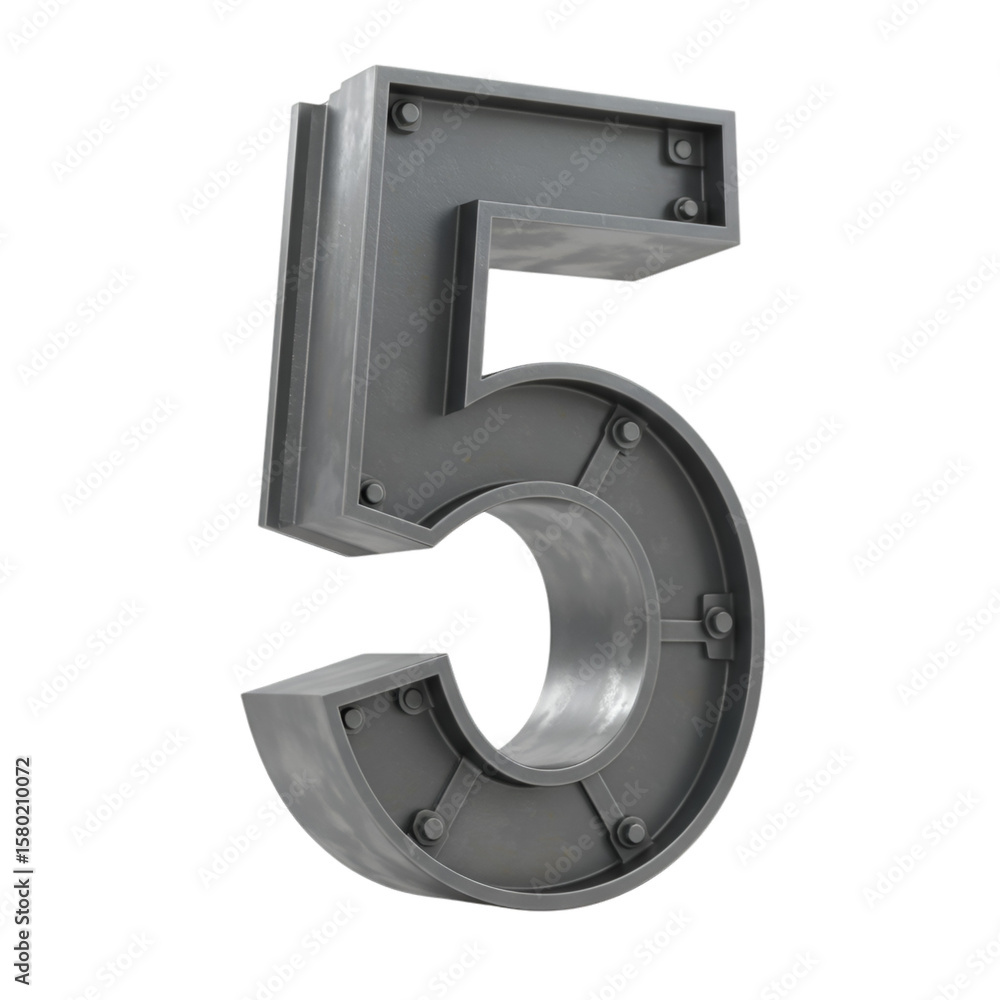 Poster isolated 3d render of gray metallic number five on transparent background
