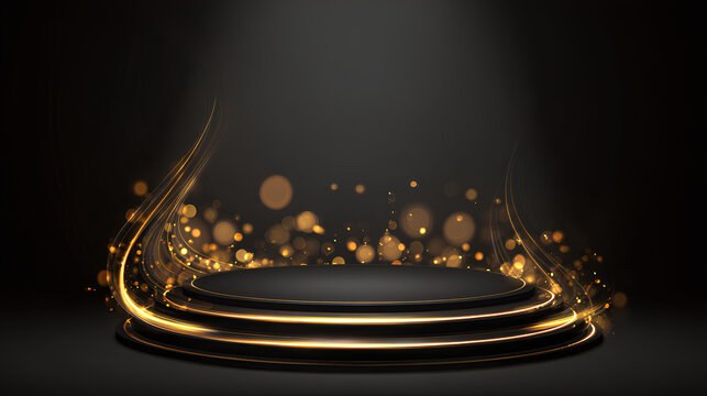 Empty black display stand with golden curves decorated with golden glow effect and bokeh on dark background, black luxury stage design idea. Stock Vector