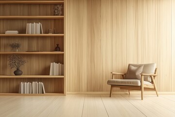 Fototapeta premium A large wooden bookshelf with many books. Modern minimalist living room interior with wooden bookshelf armchair and decor on a natural wood paneled wall.
