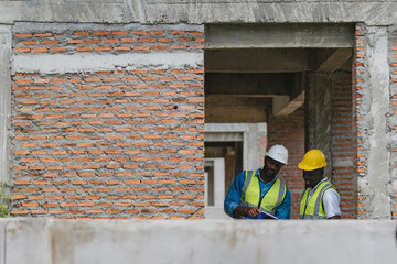 Two engineers in safety gear inspecting a building under construction. black engineers inspect ceiling infrastructure at a construction site